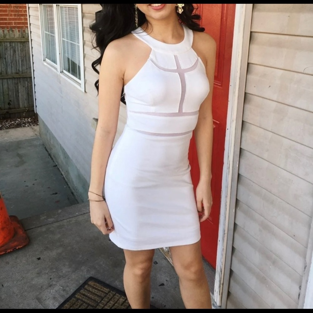 GUESS White Bodycon Dress with Mesh Detail